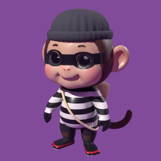 Ali Banana, a baby monkey thief in a striped shirt, beanie and mask
