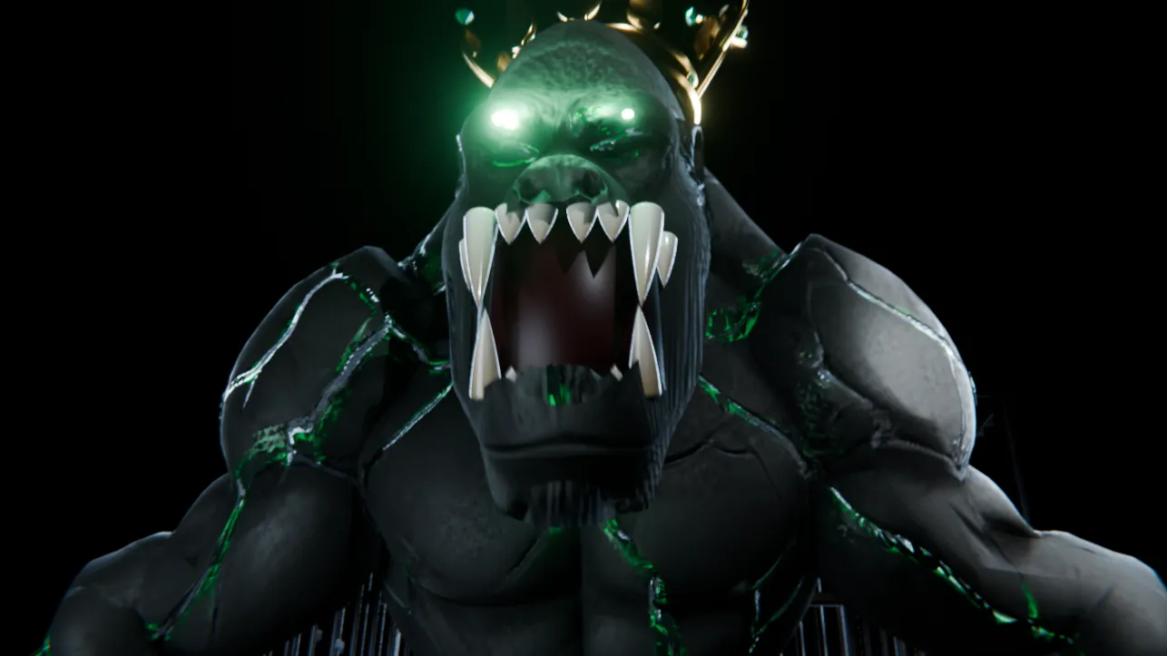 The crowned Stone God gorilla roaring, emerald light burning in the cracks of his stone skin